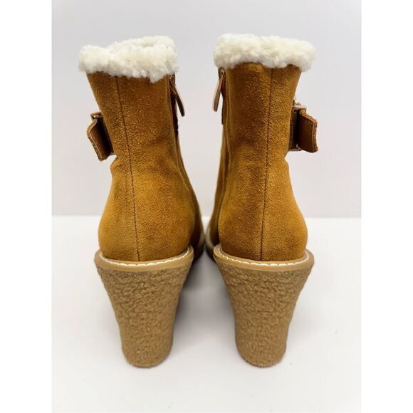 Franco Sarto Ankle Boots Size 8 Tan Leather Suede Shearling Wedge Heel Boots - Picture 5 of 9
